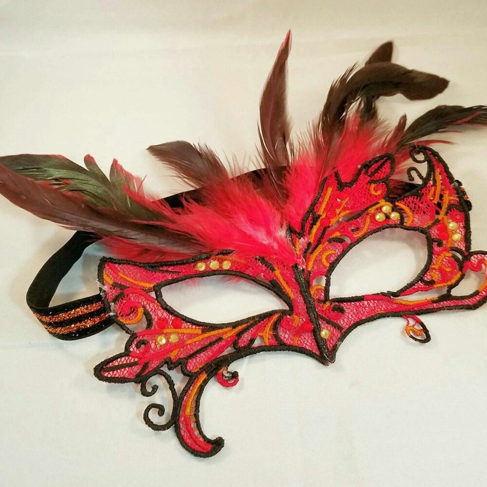 Handmade Swarovski Crystal Feather Masquerade Mask RED BLACK